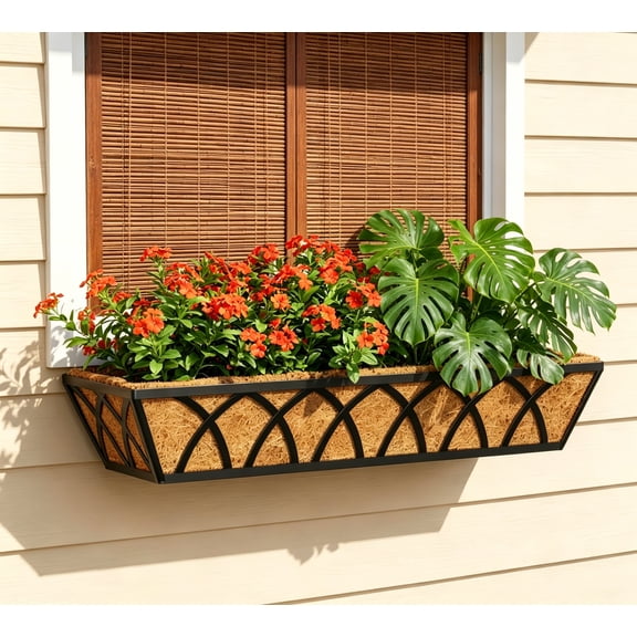 4pcs 24-Inch Planter, Metal Window Boxes with Coco Liner, Indoor Outdoor Hanging Flower Planter for Garden, Lawn, Balcony, Porch, Fence, Patio Rail