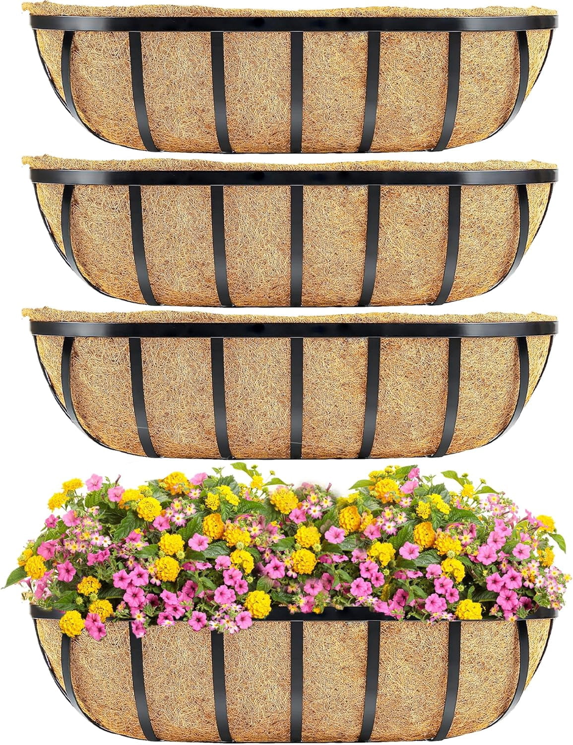 4pcs 24" Window Box Deck Railing Planter with Coco Liner, Metal Hanging ...