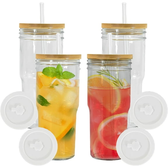 4pcs 24oz Glass Cups with Bamboo Lids and Straws,Wide Mouth Reusable Drinking Glasses,Mason Jar Cups,Glass Tumbler Coffee Beer Can Cups Boba Cup for Bubble Tea, Juice