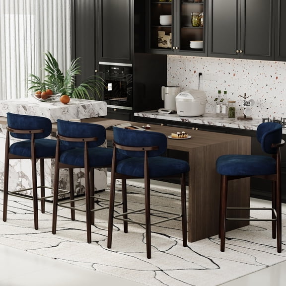 4pcs 26 Inch Counter Height Linen Fabric Upholstered Bar Stools with Back Wood Leg Metal Footrest Modern Bar Chairs for Kitchen Island Dining Room Bar, Blue