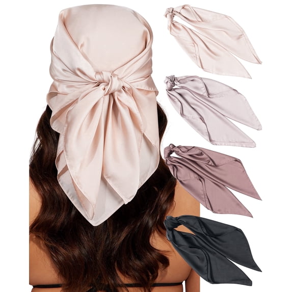 4pcs 27” Women Solid Color Square Headscarf Satin Silk Head Scarf Lightweight Cozy Bandana for Sleeping