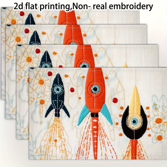4pcs, 2D Flat Printing, Sci Fi Atomic Rockets Mid Century Placemats, Fashion Print Pattern Table Mat, for Dining Table, Kitchen, Party, Indoor, Holiday, Dinner Parties And Home Decor 12X18 Inch