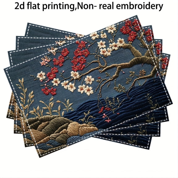 4pcs, 2d flat printing  Navy garden Chinoiserie Journal placemats, fashion print pattern table mat, for dining table, kitchen, party, indoor, holiday, dinner parties and home decor (table mats) 12x18