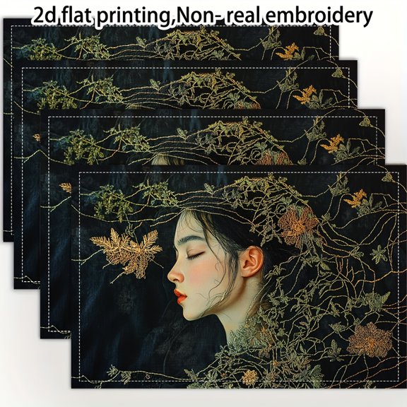 4pcs, 2d flat printing, Non-real embroidery Shadows of Enlightenment placemats, fashion print pattern table mat, for dining table, kitchen, party, indoor, holiday, dinner parties and home