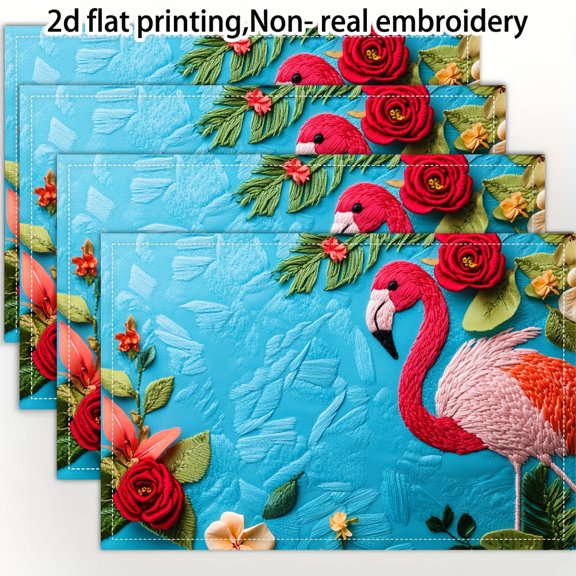 4pcs, 2d flat printing, Non-real embroidery Stay Pink Cool Flamingo Summer Vibes Design placemats, fashion print pattern table mat, for dining table, kitchen, party, indoor, holiday