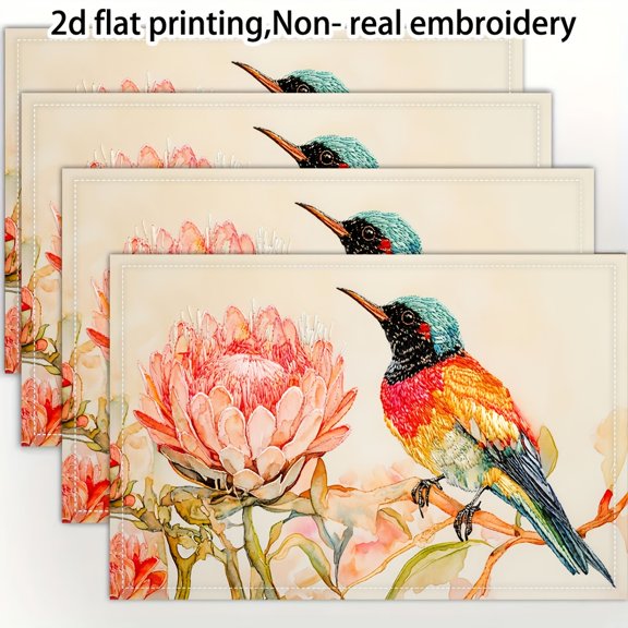 4pcs, 2d flat printing, Non-real embroidery Watercolor Cape Sugarbird on pincushion protea flower placemats, fashion print pattern table mat, for dining table, kitchen, party, indoor