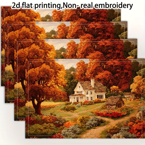 4pcs, 2d flat printing, Non-real embroidery autumn farmhouse william placemats, fashion print pattern table mat, for dining table, kitchen, party, indoor, holiday, dinner parties and home decor
