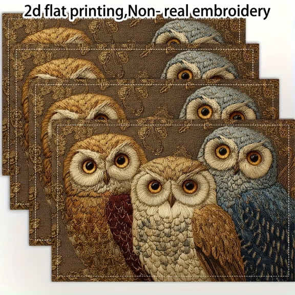 4pcs, 2d flat printing, Non-real embroidery three cute owls fine art victorian placemats, fashion print pattern table mat, for dining table, kitchen, party, indoor, holiday,12x18 Inch