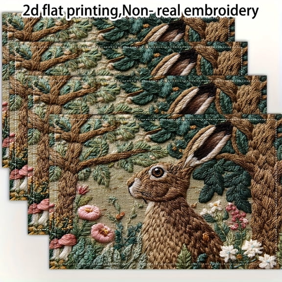 4pcs, 2d flat printing,hare enchanting woodland placemats, fashion print pattern table mat, for dining table, kitchen, party, indoor, holiday, dinner parties and home decor (table mats) 12x18 Inch