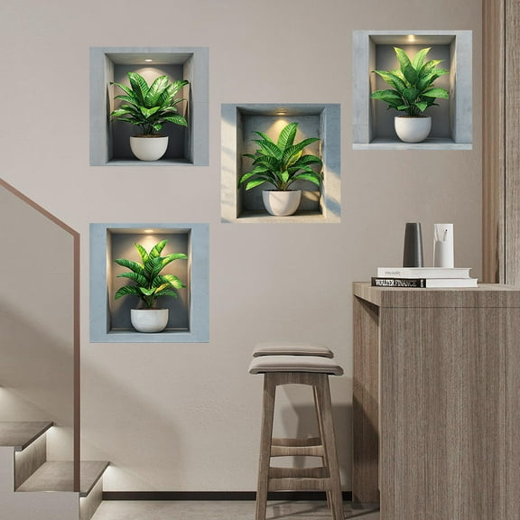 4pcs 3D Green Plant Potted Wall Decals, Wall Stickers,Leaf Pattern for Living Room, Bedroom, Sofa Staircase Background, Dining Table Wall Decor