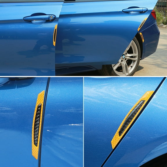 4pcs 3D Super Yellow Reflective Stickers Black Real Carbon Fiber Strips Car Side Door Edge Bumper Anti-Scratch Protection Guards Trim Stickers Universal