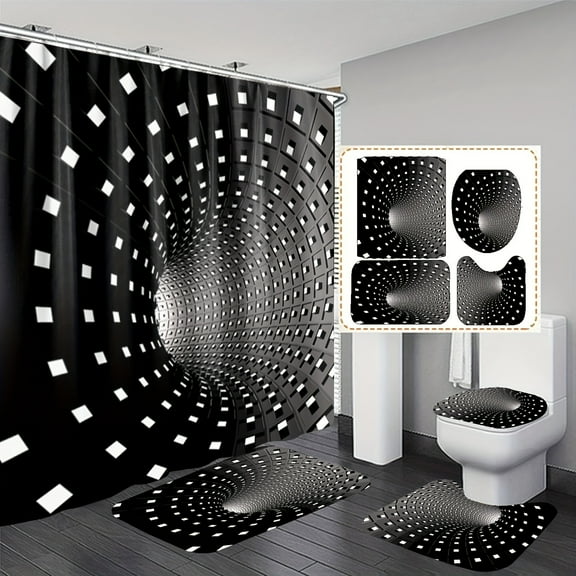 4pcs 3D Vortex Bathroom Mat Set - Bath Curtain 70"70", Bathmat 29.5'*17.7", Umat 17.7"*14.8", Toiletmat 14.8"*16.5
