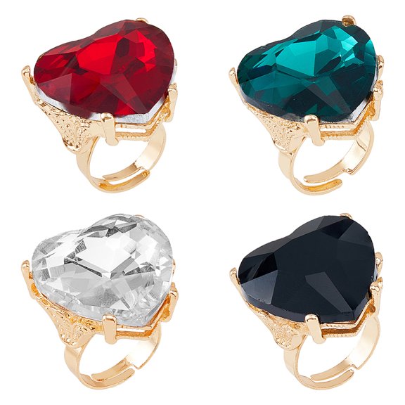 4pcs 4 colors Glass Heart Adjustable Rings set Light golden Alloy Rings Mixed color Size 8(18.1mm) 1pc/color