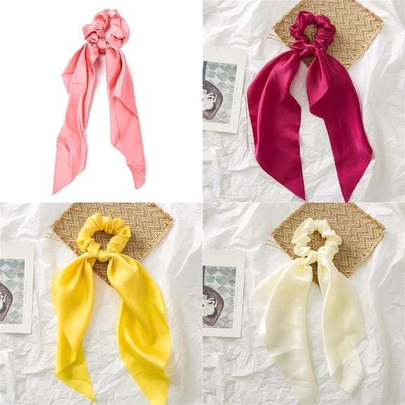 4pcs 4 colors Satin Face Cloth Elastic Hair Accessories for Girls or Women Scrunchie/Scrunchy Hair Ties with Long Tail Knotted Hair Scarf Ponytail Holder Mixed color 280mm 1pc/color