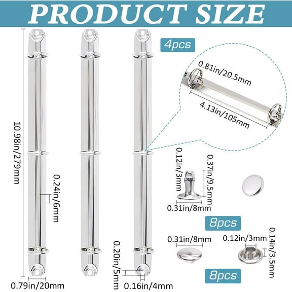 4pcs 4 sets Notebook 3 Ring Binder Mechanism Replacement Kit 3 O Rings Clips Metal Loose Leaf Binding Spines Combs for Personal Organizers Planners Document Papers