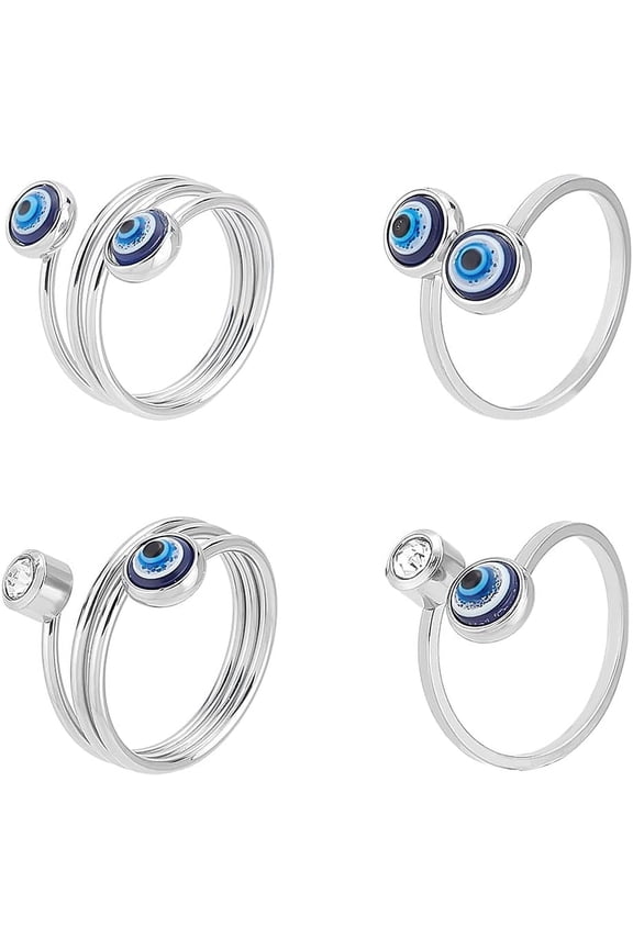 4pcs 4 style Resin Evil Eye Cuff Rings 304 Stainless Steel Wire Wrap Jewelry for Women Stainless Steel color US Size 10 1/4(19.9mm) 1pc/style