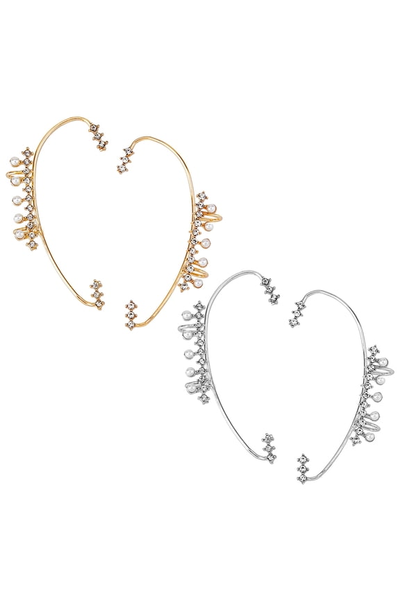 4pcs 4 style Rhinestone Curved Bar Cuff Earrings with Imitation Pearl Beaded Alloy Climber Wrap Around Earrings for Women Platinum & Golden 70~72x32.5~35x12~13mm 1pc/style