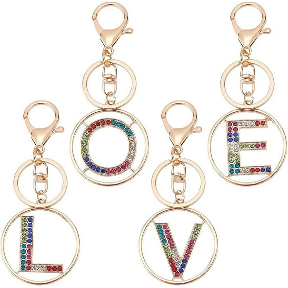 4pcs 4 styles Alloy Colorful Rhinestone Keychain with Key Rings and Lobster Claw Clasps Light golden Flat Round with Letter L/O/V/E Light golden 11cm Pendant: 48.5x44x2.4mm 1pc/style
