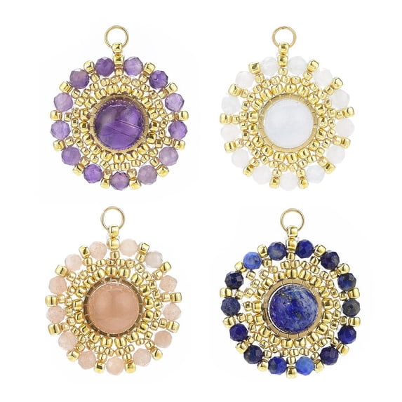 4pcs 4 styles Handmade Japanese Seed Beads Pendants Natural Mixed Gemstone Flower Charm Faceted 24.5x22~23x8mm Inner Diameter: 3mm 1pc/style