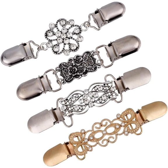 4pcs 4 styles Rectangle Zinc Alloy & Iron & Rhinestone Cardigan Clips Sweater Collar Clips Mixed color 105~126mm 1pc/style