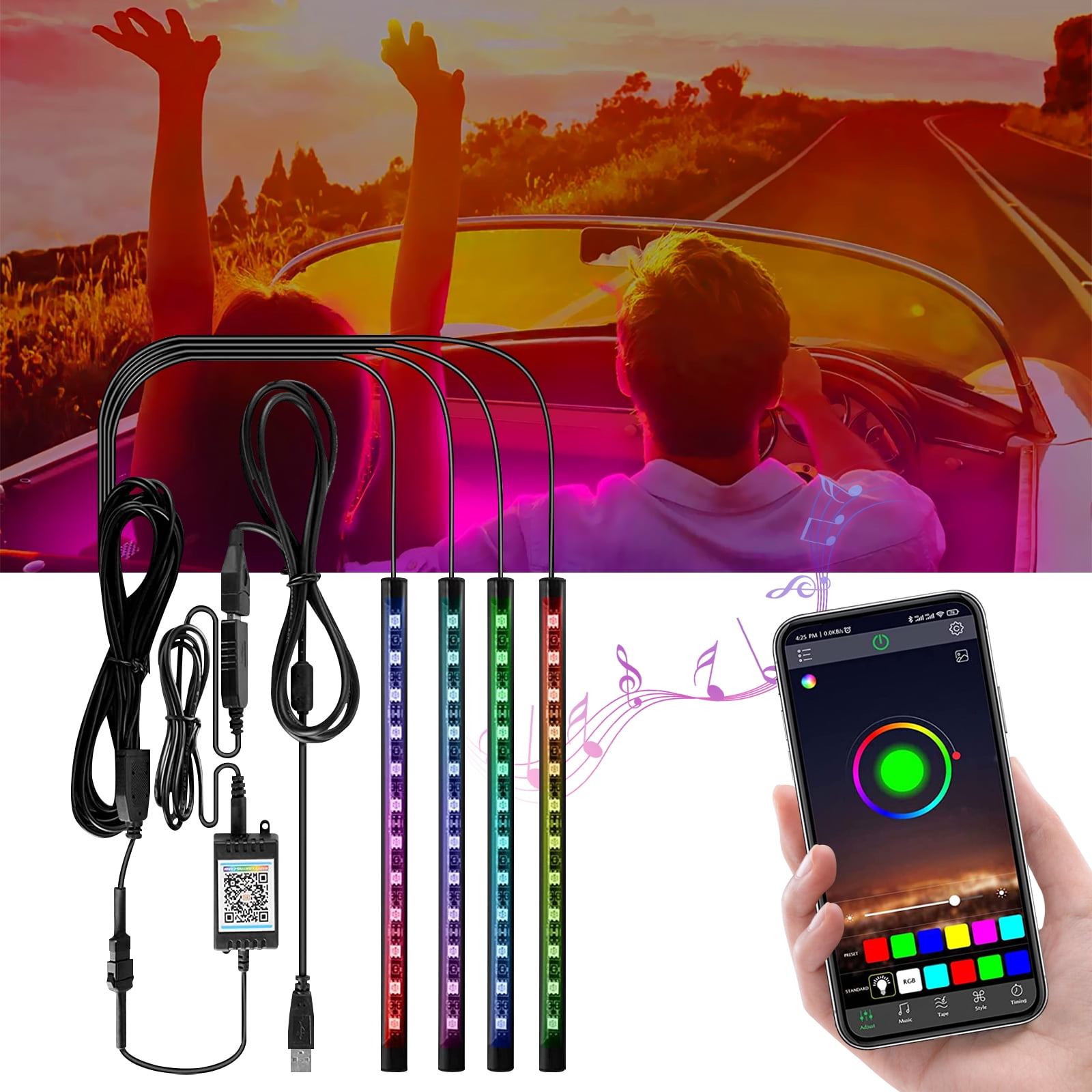 4pcs 48 ‎Bluetooth LED Multi-Color Interior Car Lights, USB