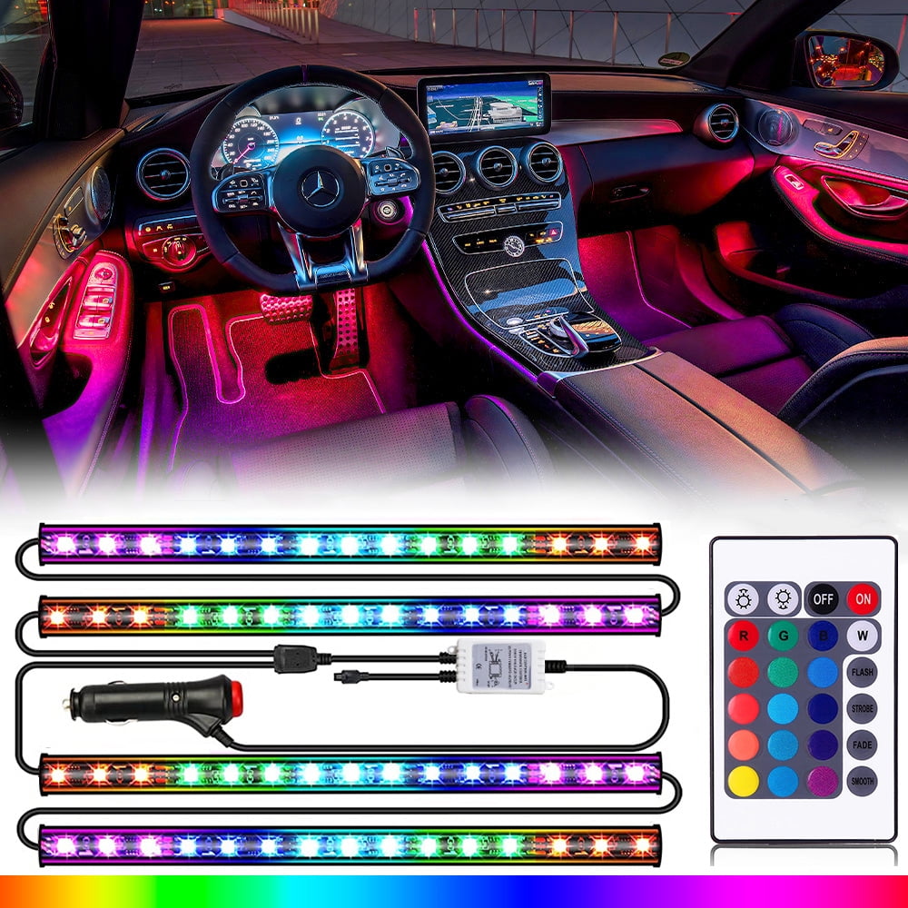 Zocipro Éclairage Intérieur de Voiture, 4pcs 48 LEDs DC 5V Eclairage Led  Interieur Voiture, 4 en 1 Led USB Connecteur Etanche Led Interieur Voiture