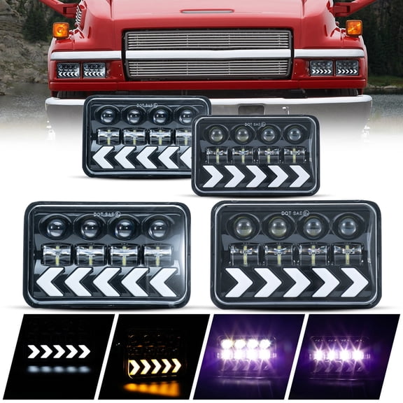 4pcs 4x6 4"x6" Rectangular Sealed Beam Upgrade Amber Dynamic Arrow Turn Signal/Parking White DRL High Low Beam LED Halo Projector Headlights Assembly H4 Bulbs + Adaptors Black Housing Clear Lens