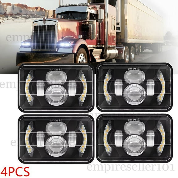 4pcs 4x6 LED Headlights W/ Halo DRL for Kenworth T800 W900 Peterbilt 357 379 378