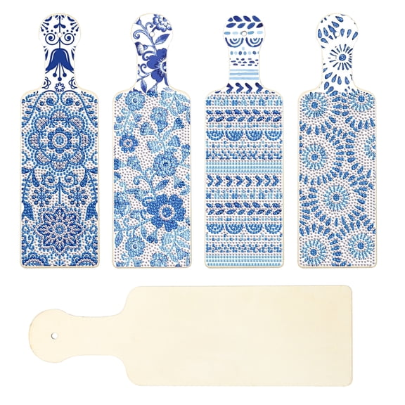 4pcs 5D Diamond Painting Kit Cutting Board, Blue Floral DIY Wooden Tray for Desserts, Cheese, and Snacks, Handmade Rhinestone Craft, Home Kitchen Decor Gift