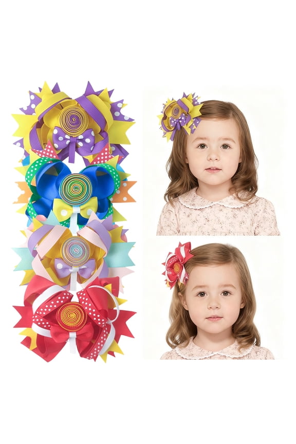 4pcs 5inch Giant Lollipop Layered Hair Bows for Girls - 4 Pack Assorted Styles Satin Hair Bows Clips, Cute Hair Accessories for Toddlers Kids Teens, Perfect for Party, Carnival, Daily Wear