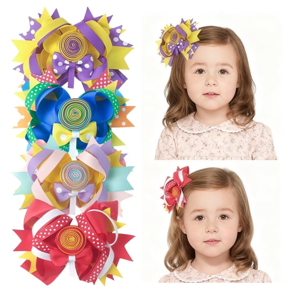 4 Pack Lollipop Layered Hair Bows for Girls, 5 Inch Satin Hair Clips, Cute Hair Accessories for Toddlers Kids Teens, Perfect for Party, Carnival, Daily Wear