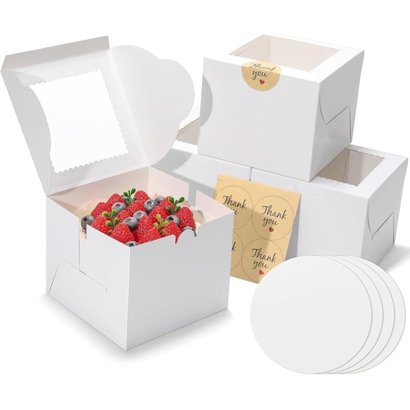 4pcs 6 Inch Cake Boxes with Sticks and Boards for Cookies, Small Cakes, Mini Desserts, Bento, and Bakery, Cupcake Box for Birthday, Party, Wedding, Mother's Day, Christmas6x6x5 inch