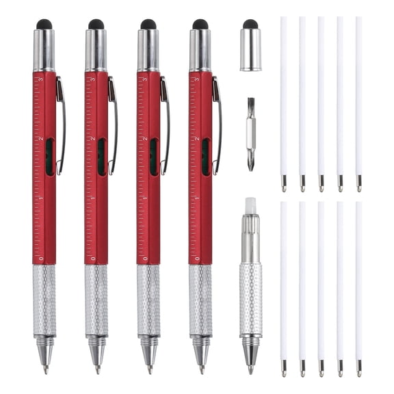 4pcs 6 in 1 Multitool Tech Tool Pen Gifts for Men with Ballpoint Pen, Ruler, Screwdriver, Stylus, Red