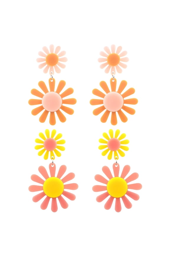 4pcs 60s 70s Vintage Daisy Flower Earring Studs Colorful Disco Hippie Boho Acrylic Petal Layered Dangle Drop Earrings Jewelry Gifts for Women Birthday Spring Summer