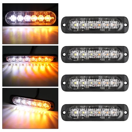 4pcs 6LED Ultra-Thin Warning Light, EEEkit 12-24V Surface Mount Grille Flashing Strobe Lights for Truck Car Vehicle, Emergency Beacon Hazard Warning Lights, Amber/White