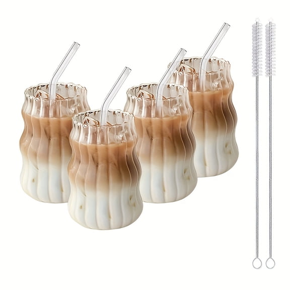 4pcs/6pcs BIBEARBIBEAR Cloud Design Borosilicate Glass Coffee Cups with Straws, U-Shaped Insulated Tea Cups for Cold Drinks, BPA-Free, Hand Wash Only, Perfect for Labor Day & Thanksgiving Gifts