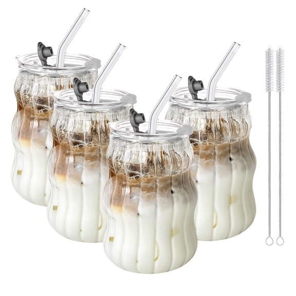 4pcs/6pcs Grinkwell Cloud Design Borosilicate Glass Coffee Cups with Straws, U-Shaped Insulated Tea Cups for Cold Drinks, Bpa-Free, Hand Wash Only, Perfect for Labor Day & Thanksgiving Gifts