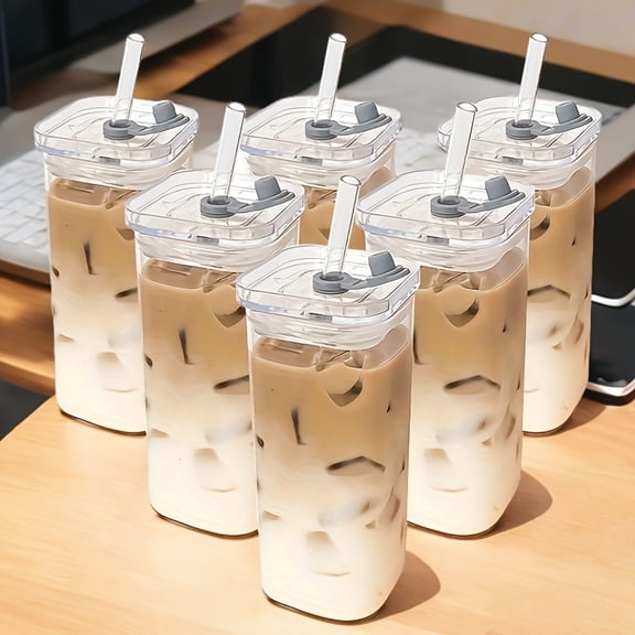 4pcs/6pcs Straw Square Glass Drinking Cup With Lid, Iced Coffee Cup, Cute Anti-Dump Cup, Perfect For Travel, Workout, Hydration, Suitable For Anniversary Holiday Gifts, Dinner Sharing