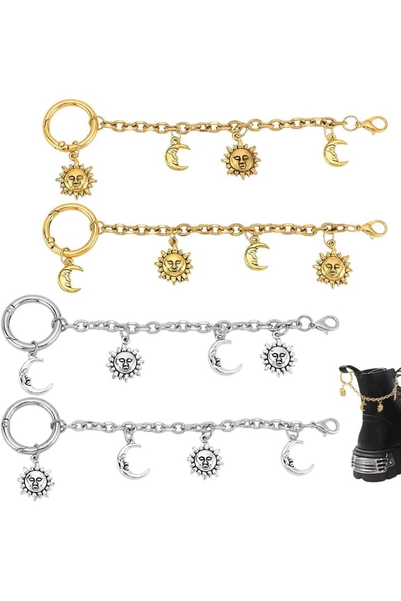 4pcs 8 Inch Sun Moon Shoe Charm Chains Decorative Boot Chains Goth Punk Style Boot Chains for Sneakers Sandals Men Women Shoe Accessories Shoelace Charms Golden/Platinum