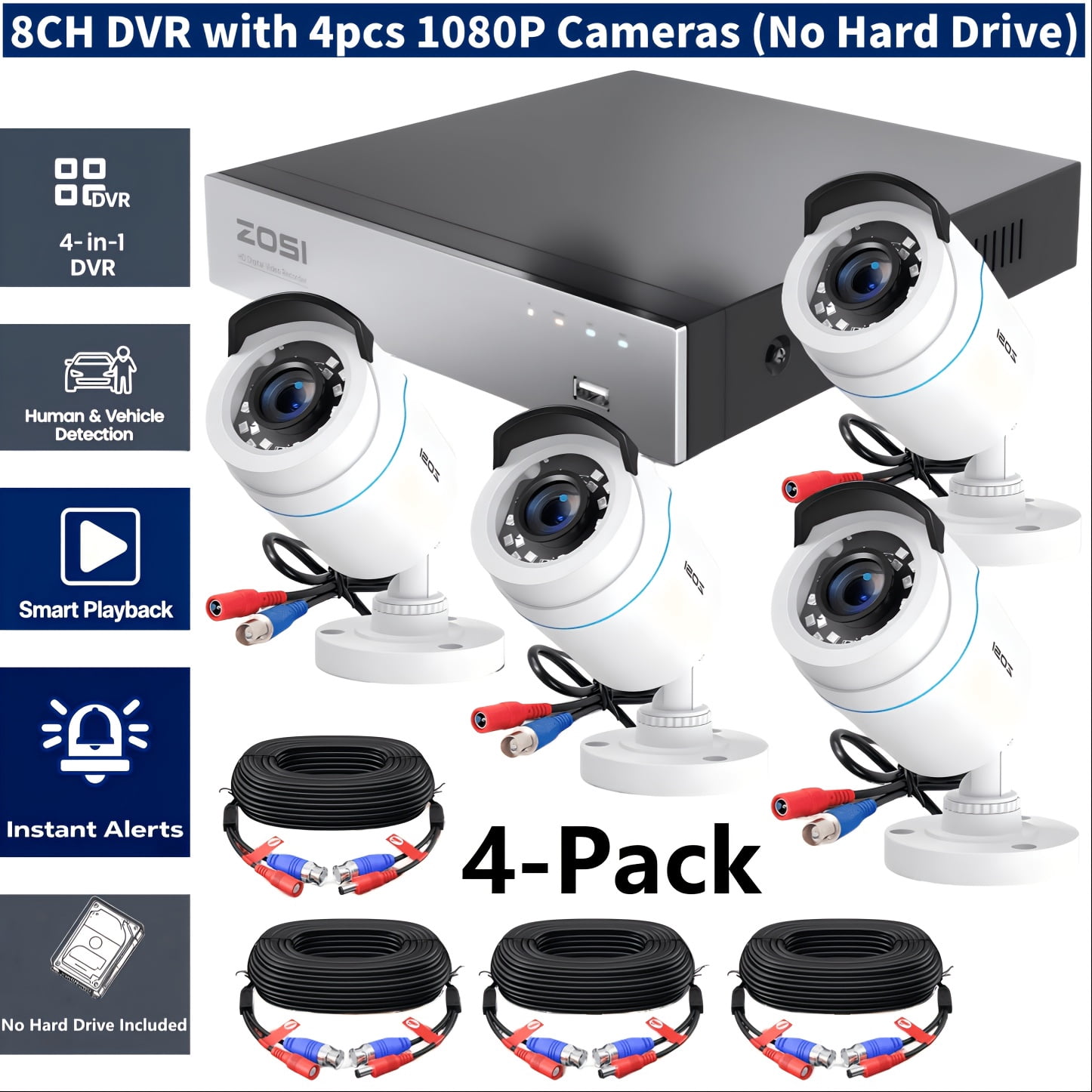 4pcs 8CH 5MP Lite H.265+ Wired Security Camera System - AI Human Vehicle Detection, 4 X 1080P Surveillance Cameras with 60ft BNC Cables, Email Alert with Snapshots (No Hard Drive)