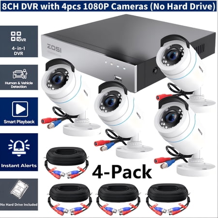 4pcs 8CH 5MP Lite H.265+ Wired Security Camera System - AI Human Vehicle Detection, 4 X 1080P Surveillance Cameras with 60ft BNC Cables, Email Alert with Snapshots (No Hard Drive)