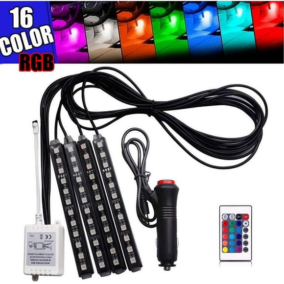 4pcs 9 LED car Light Strips with Sound and Active Function Remote Control Multi Color Music Interior Lights Light Strip Under Dashboard Lighting kit DC12V