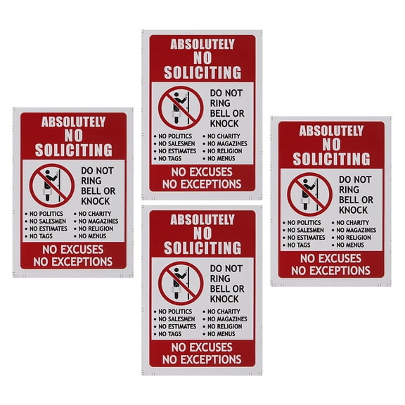 4pcs Absolutely No Soliciting Sign For Home Do Not Knock Ring Doorbell Or Knock No Silication Solicitors Soliciting Sign For Front Door Garage House 9.5x14cm