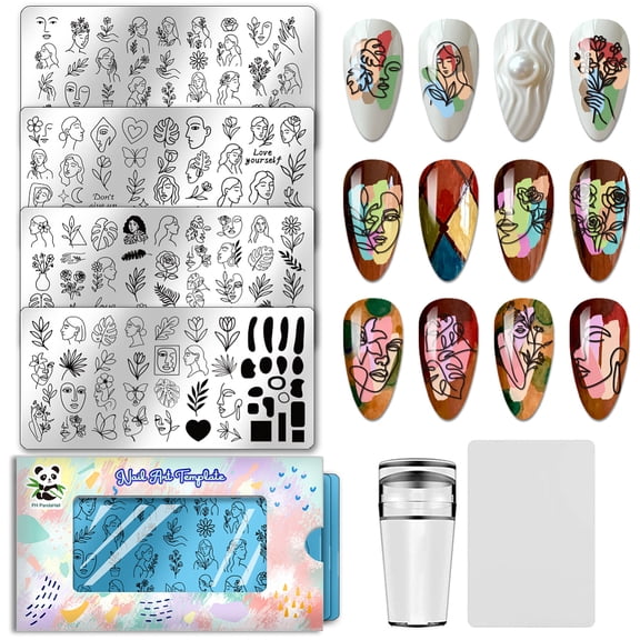 4pcs Abstract Face Nails Stamping Plate Flower Leaves Nail Design Stamper Female Figures Nail Art Template Geometric Patterns Nails Image Plates DIY