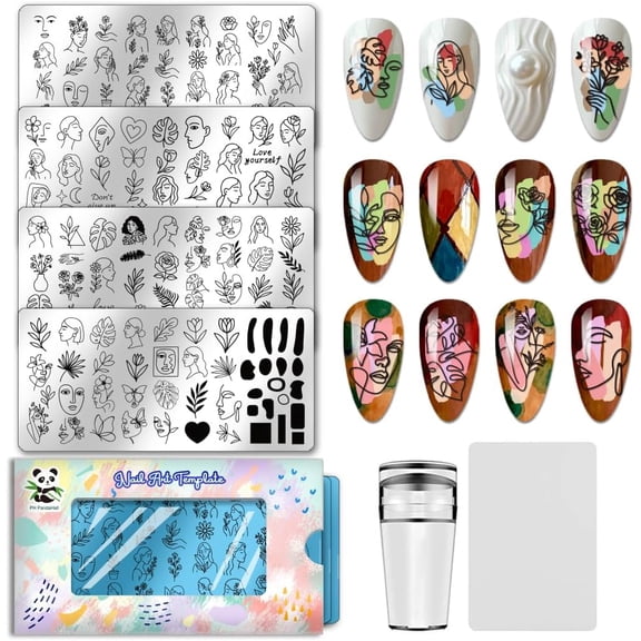 4pcs Abstract Face Nails Stamping Plate Flower Leaves Nail Design Stamper Female Figures Nail Art Template Geometric Patterns Nails Image Plates