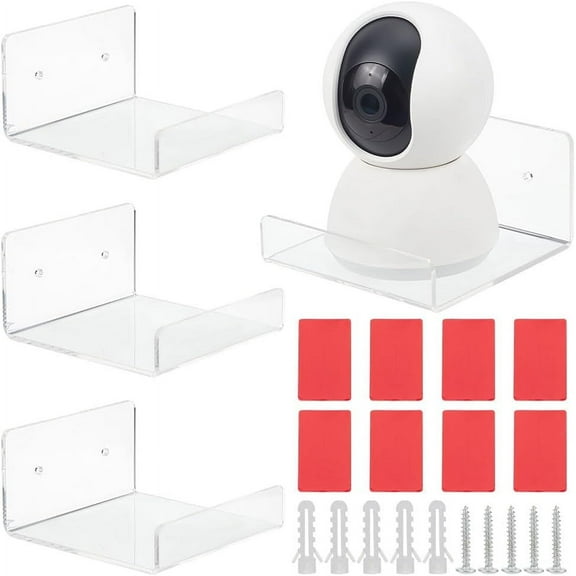 4pcs Acrylic Floating Shelves Clear Wall Shelves Small Shelf Display Ledges Adhesive Hanging Shelves for Smart Speaker Security Cameras with Cable Clips (Adhesive or Screw) diy