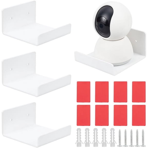4pcs Acrylic Floating Shelves Wall Shelves Shelf Display Ledges Adhesive Hanging Shelves White Display Stand for Smart Speaker Security Cameras with Cable Clips 2 Type Installation
