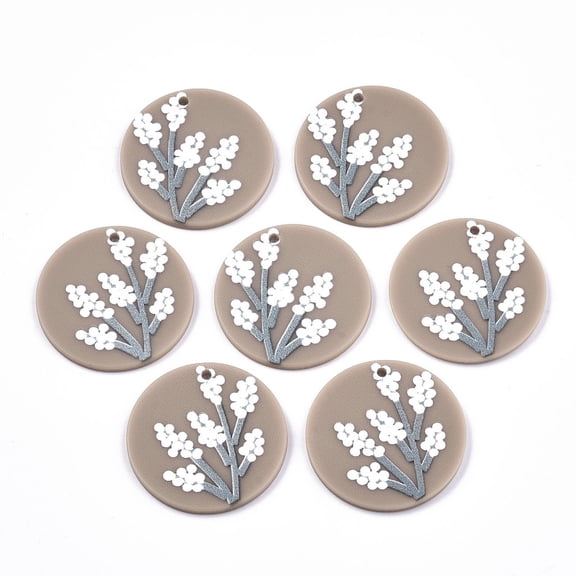 4pcs Acrylic Pendants 3D Printed Flat Round with Flower Pattern Camel 28x2mm Hole: 1.6mm DIY