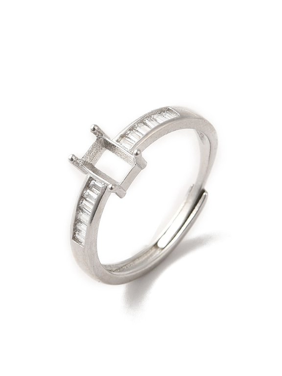 4pcs Adjustable Alloy Pad Ring Settings with Clear Cubic Zirconia Prong Ring Settings Rectangle: Inner Diameter: 17.8mm Tray: 4.5x3mm