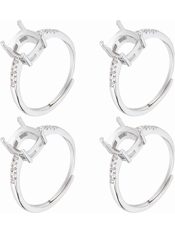 4pcs Adjustable Brass Pad Ring Settings with Clear Cubic Zirconia Prong Ring Settings Rectangle 925 Sterling Silver Plated Size 6 3/4(17.1mm) Tray: 5x5mm